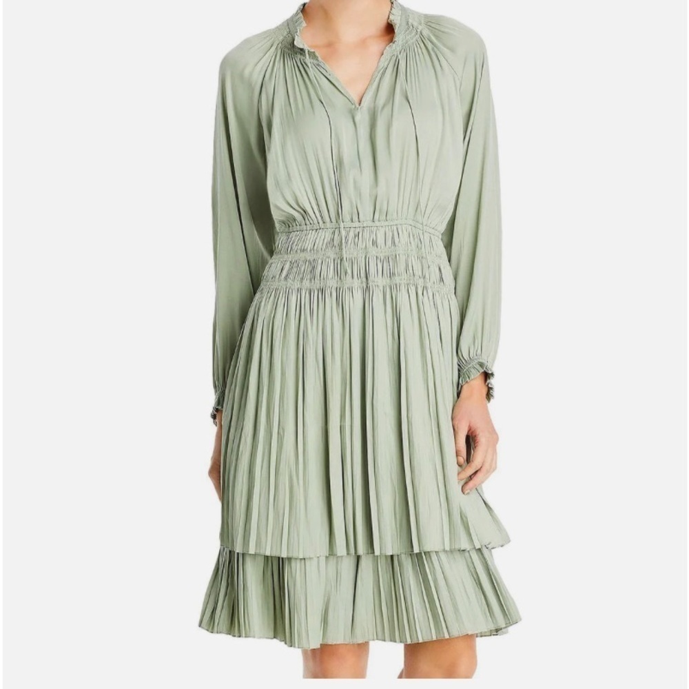 Pleated Sage Green Long-Sleeve Tiered Dress
